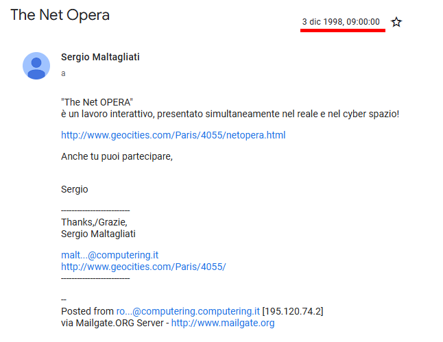 Google Groups historical announcement: The Net Opera, Sergio Maltagliati, 1998