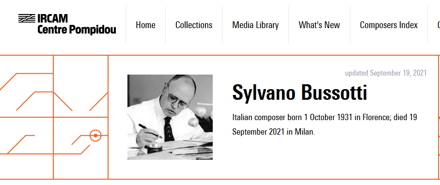 IRCAM Centre Pompidou biography of Sylvano Bussotti, updated September 19, 2021