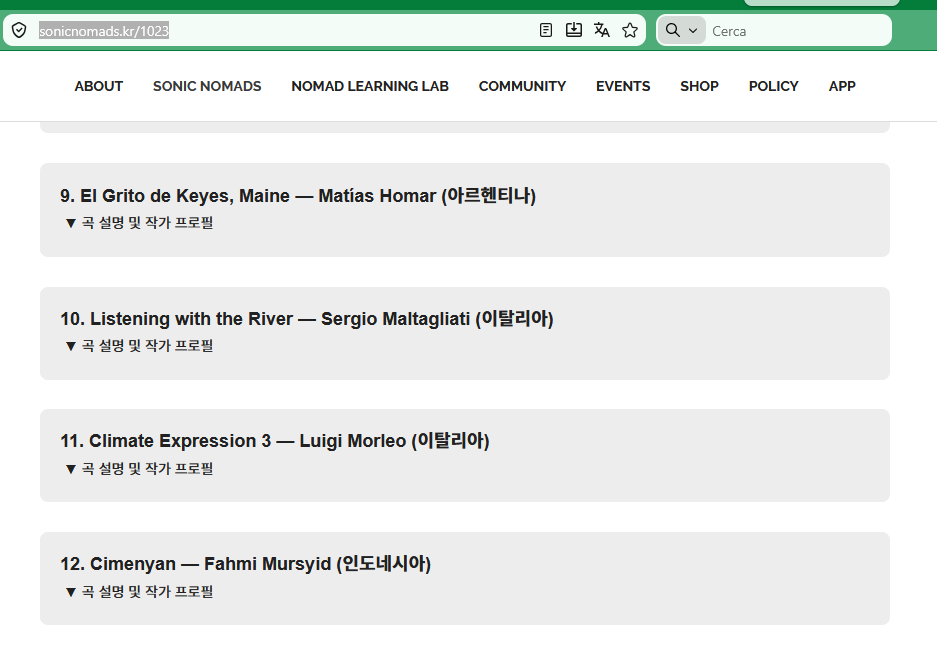 Official Sonic Nomads 2026 program listing: Listening with the River — Sergio Maltagliati (Italy)