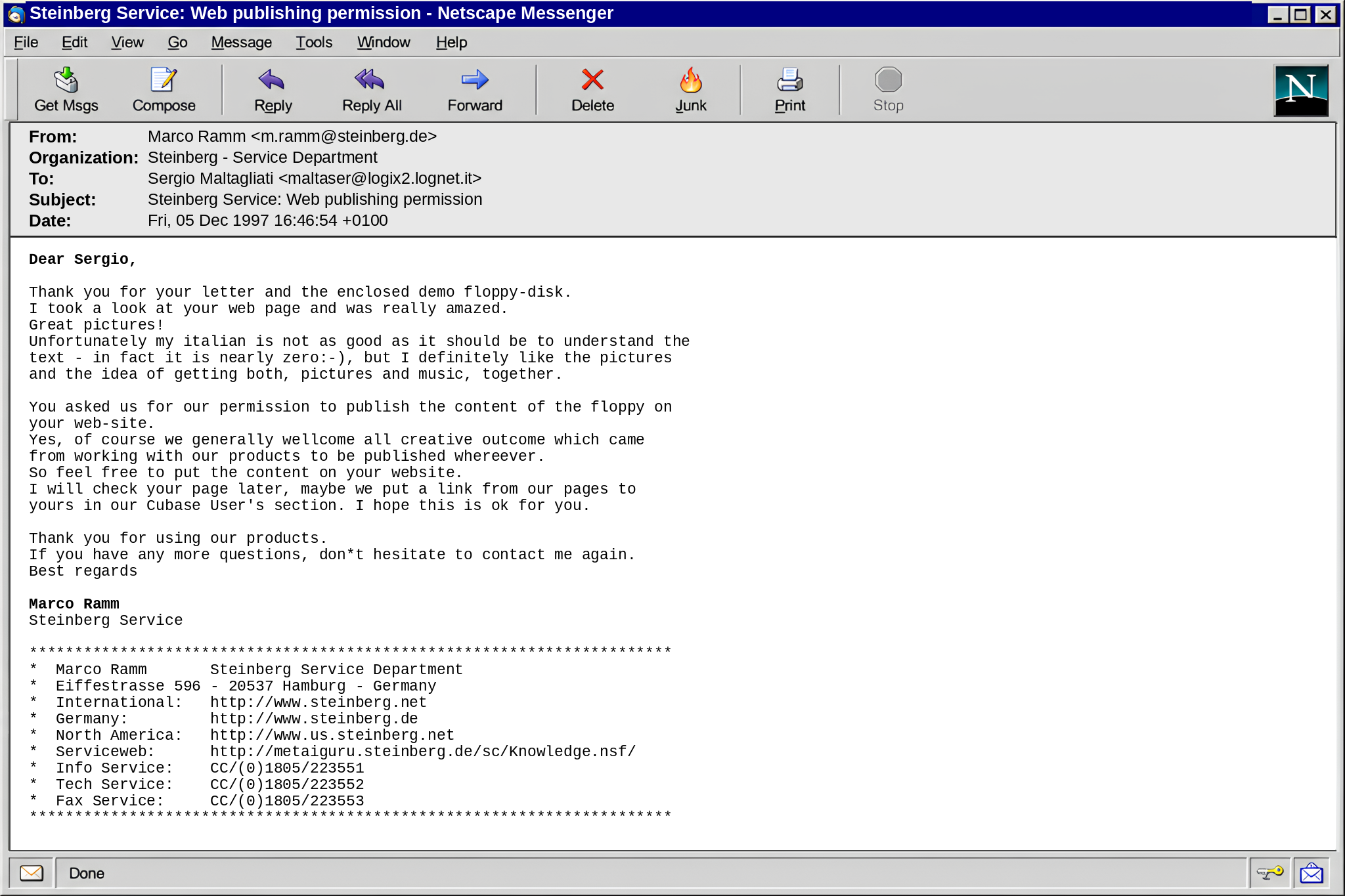 Marco Ramm, Steinberg Service Department, web publishing permission, 5 December 1997
